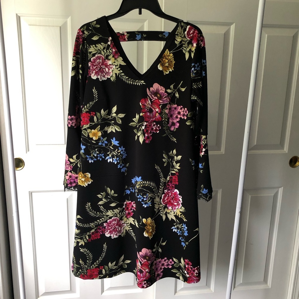 Roz & Ali Black V-Neck Floral Swing Dress with Pink, Yellow & Blue Blooms